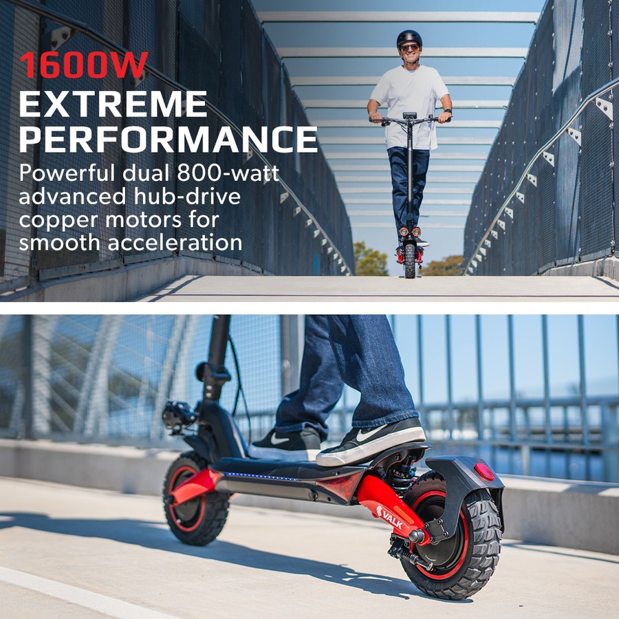 Valk Primal 9 Dual Motor Electric Scooter 1600W, AU Compliant, for Extreme Hill Climbing, Black/Red