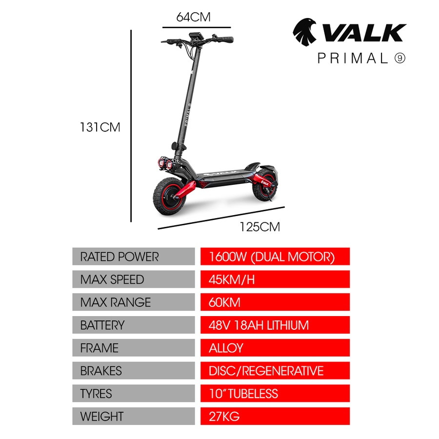 Valk Primal 9 Dual Motor Electric Scooter 1600W, AU Compliant, for Extreme Hill Climbing, Black/Red