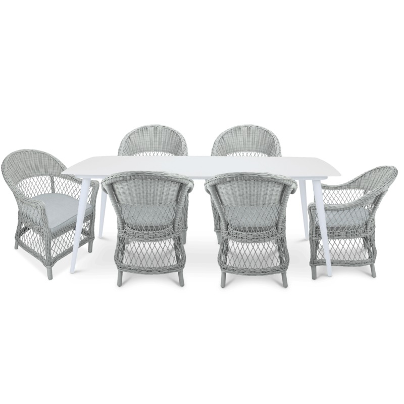 Buy Amalfi Rectangle in Arctic White with Rattan Chairs 7pc Dining