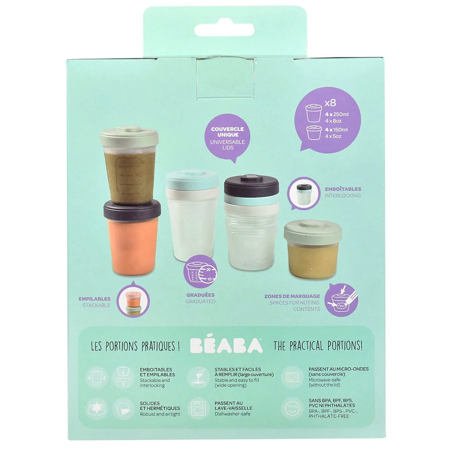 Beaba 8 Piece Toddler Stackable Clip Food Storage Jars 150ml & 250ml