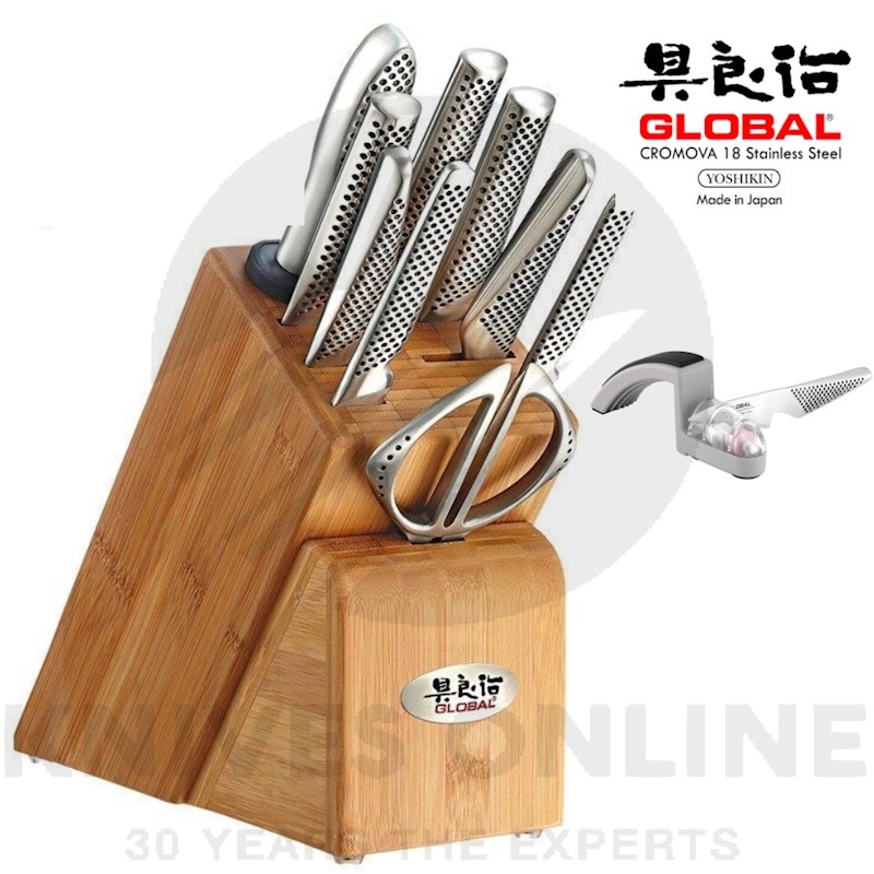 GLOBAL TAKASHI 10pc Knife Block Set + MINOSHARP Knife Sharpener 10