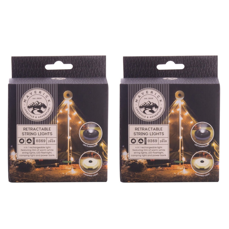 Maverick Retractable LED String Lights 10m USB-C Rechargeable - Set of 2