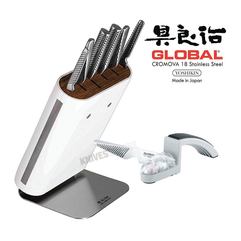 New GLOBAL HIRO WHITE 7pc Knife Block Set & Bonus Sharpener Knife Block