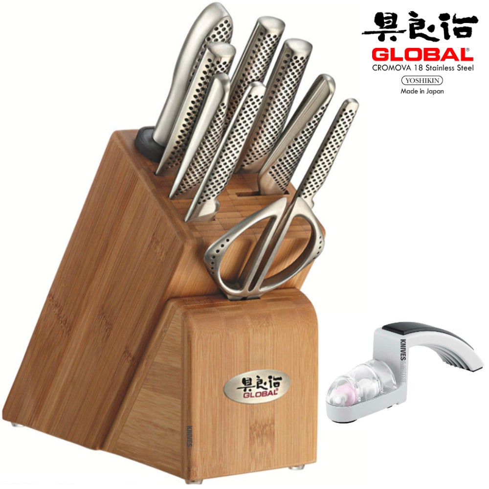 Global Takashi 10 Piece Knife Block Set & Minosharp Knife Sharpener 