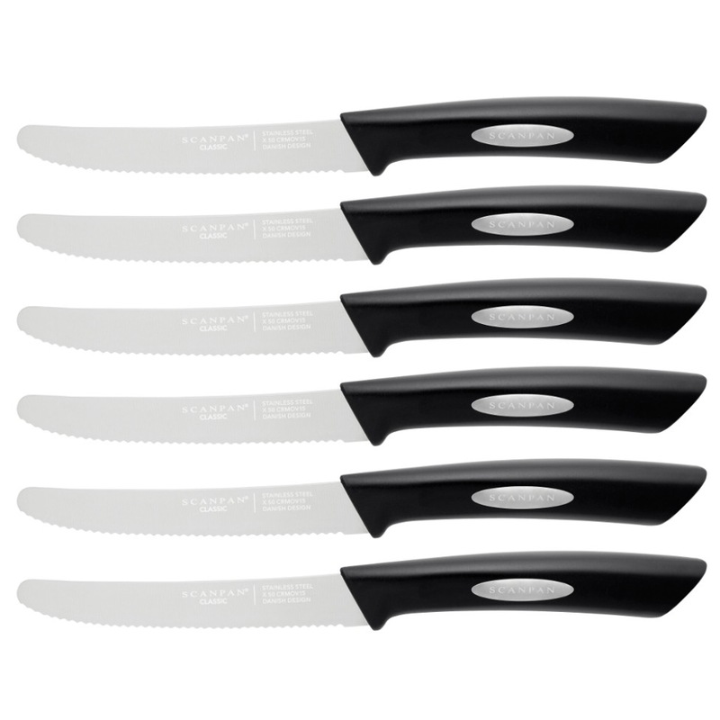 SCANPAN CLASSIC STEAK KNIVES SET OF 6 SERRATED ROUND TIP BLACK 18025