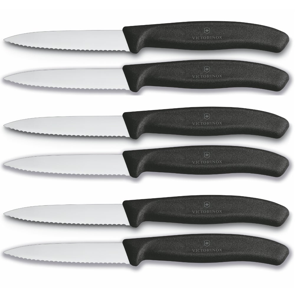 Victorinox 6pc Paring Knife Set of 6 - Serrated Edge Pointed Tip - Black 5.0633