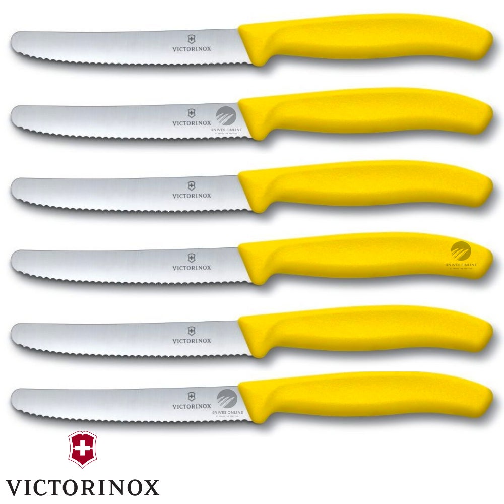 VICTORINOX STEAK KNIVES SET OF 4 ERGONOMIC SERRATED ROUND TIP COLOURFUL 