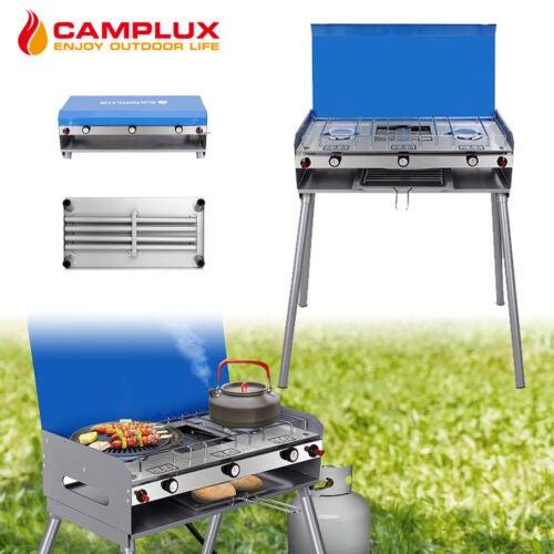 CAMPLUX 3 Burners Portable Gas Stove, Outdoor Camp Cooker with Foldable Legs, Camping Stove with Adjustable BBQ Barbecue Grill, Windproof Design Cooking Zone with Drip Tray, Side Carrying Handle