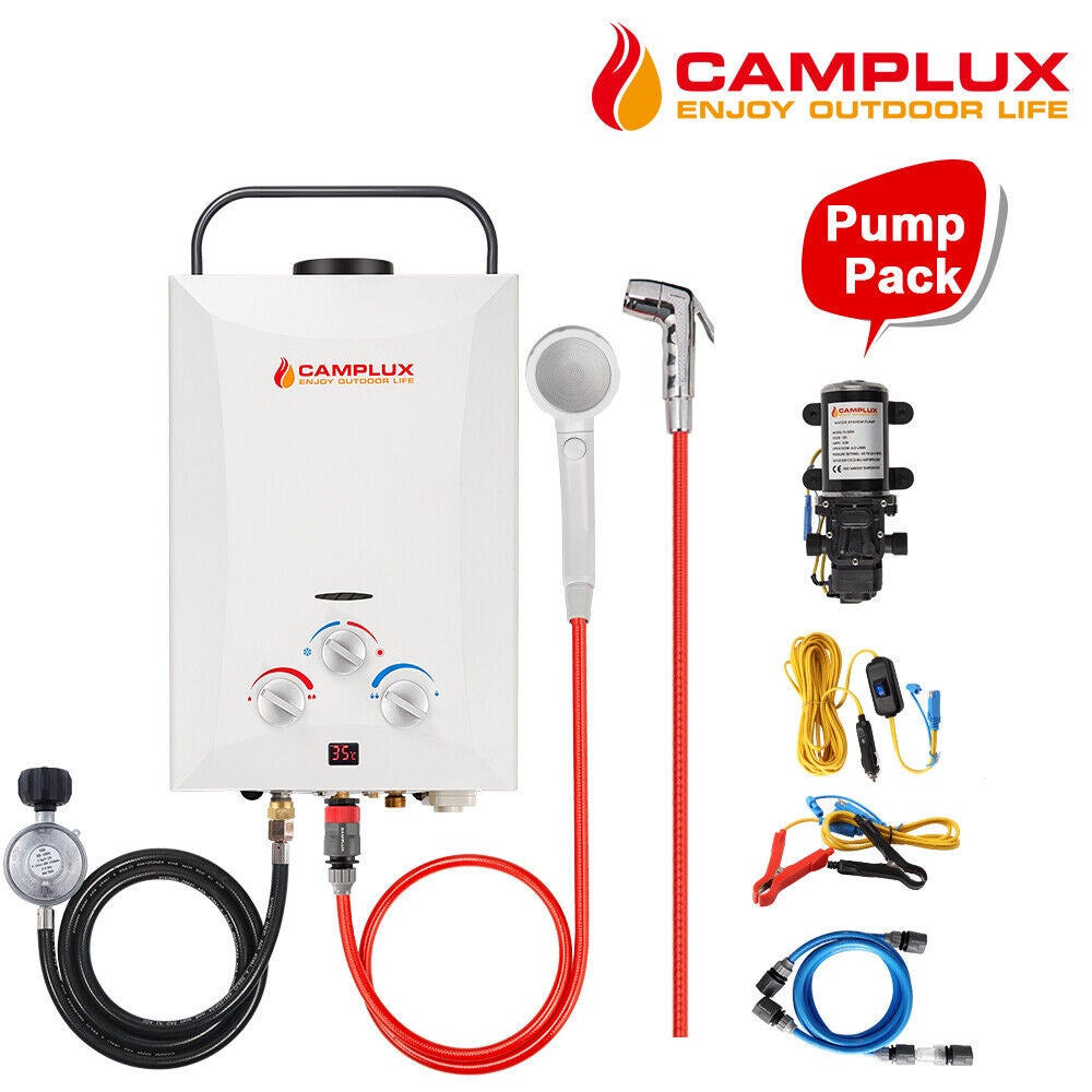 GASLAND 8L/Min Gas Water Heater with Water Pump Hose Fittings for Outdoor Hot Shower