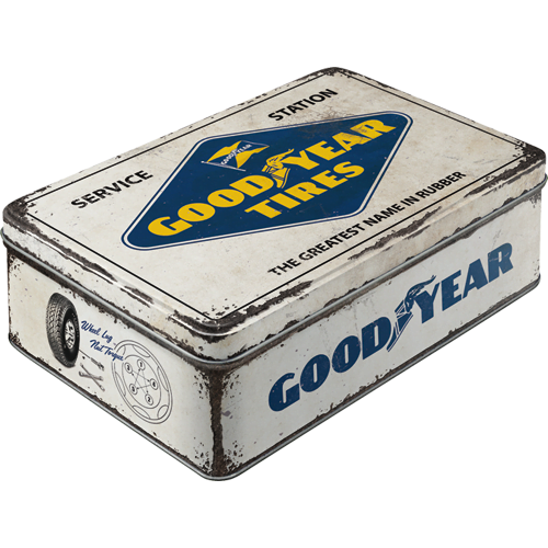 Goodyear Logo White Embossed German Made Flat Tin Storage Box