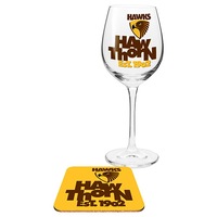 Hawthorn Hawks AFL WINE Glass and Coaster Gift Set