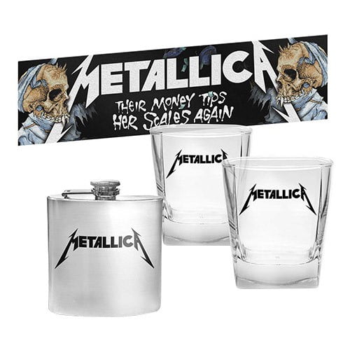 Metallica Set of 2 Spirit Glasses with Flask and Bar Mat Runner