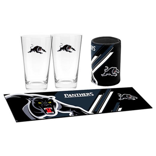 Penrith Panthers NRL Bar Essentials Pack Bar Runner Mat 2x Glasses Can Cooler