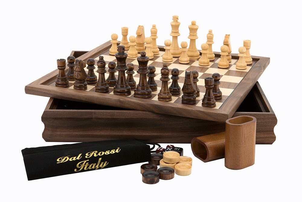 Quality DAL ROSSI Wooden Chess Checkers Backgammon Walnut Board Game