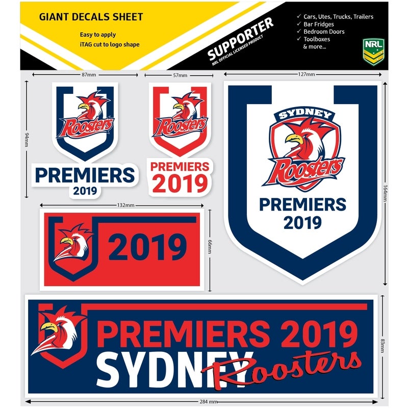 Sydney Roosters NRL 2019 Premiership Premiers Car Window 5 x GIANT Decal Sticker