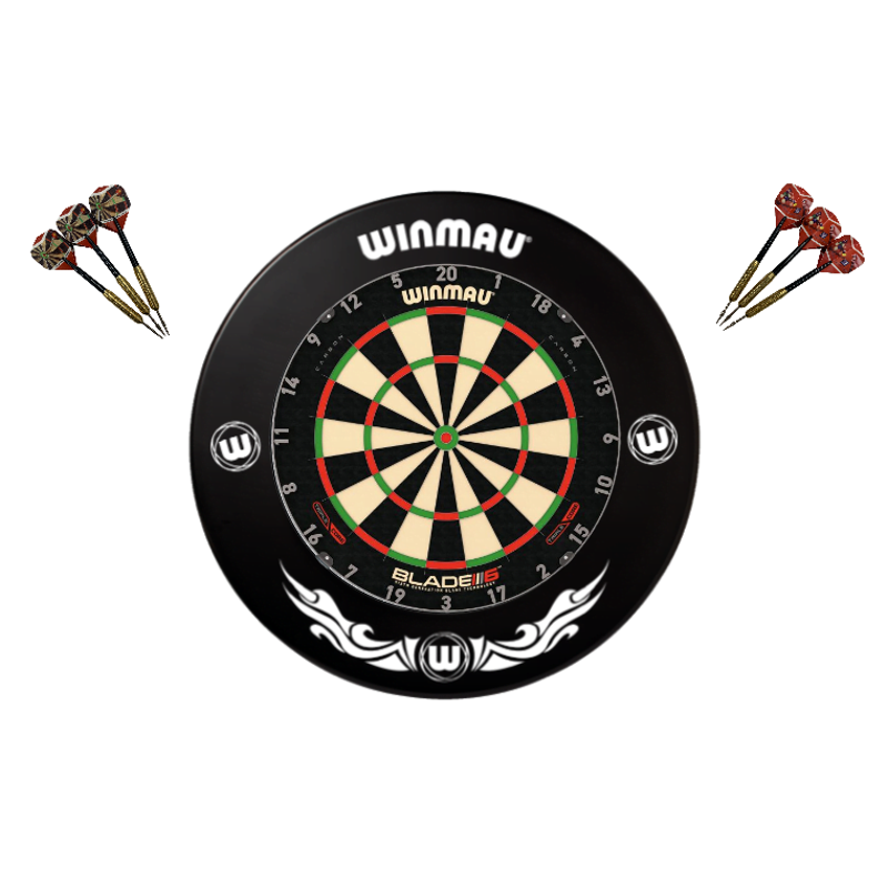 Winmau Blade 6 TRIPLE CORE Dart Board + Red Dartboard Surround + Darts