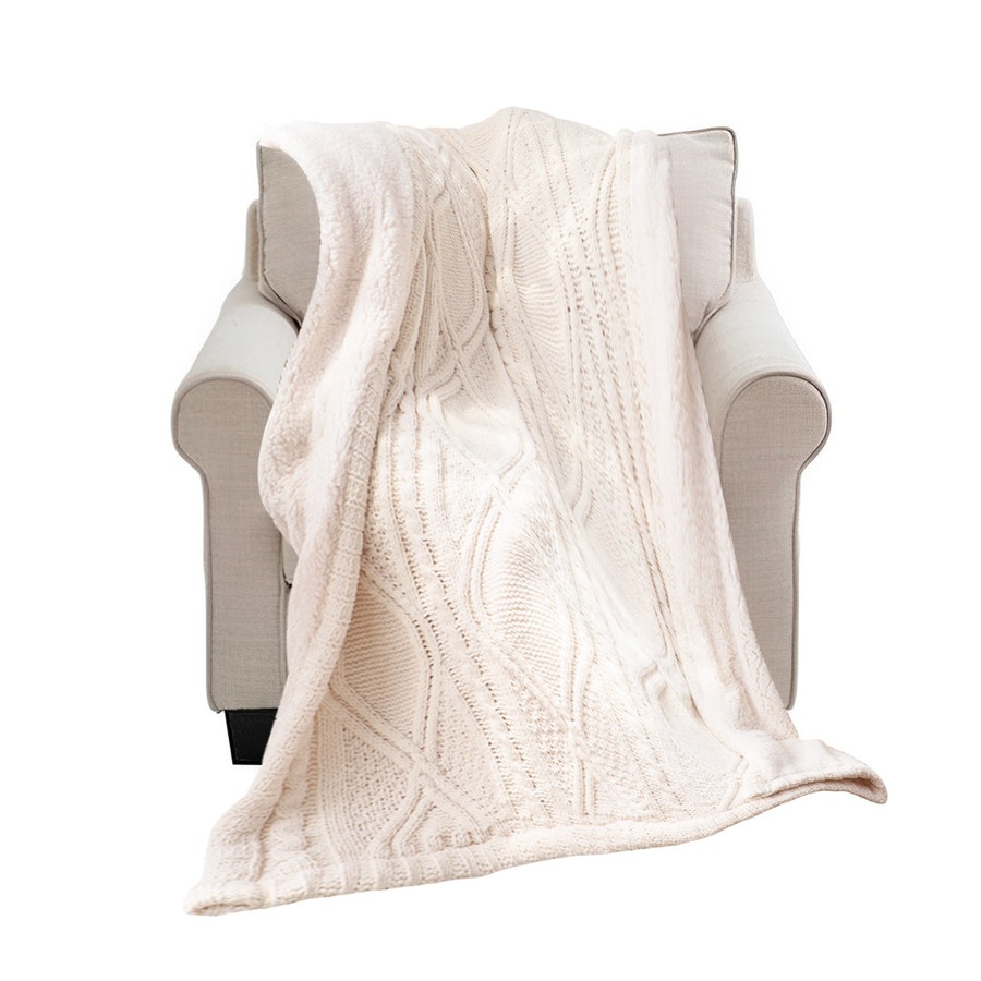 SOGA 200x230cm Throw Blanket White Chenille Fleece Knitted Fabric on One Side Soft Suede