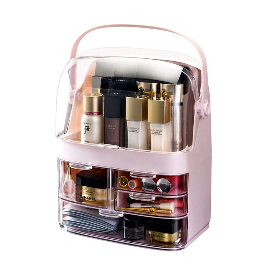 SOGA 3 Tier Pink Countertop Makeup Cosmetic Storage Organiser Skincare Holder Jewelry Storage Box with Handle