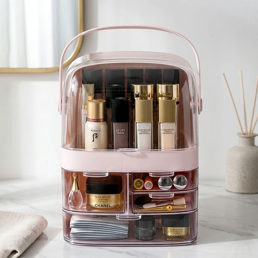 SOGA 3 Tier Pink Countertop Makeup Cosmetic Storage Organiser Skincare Holder Jewelry Storage Box with Handle