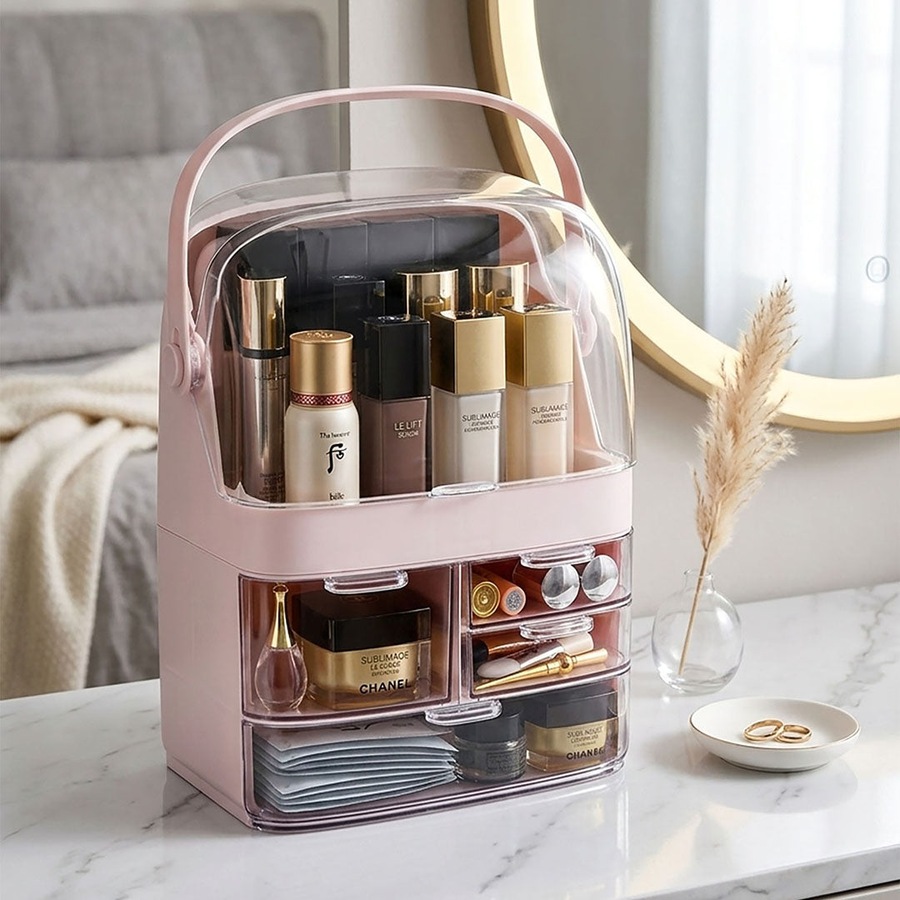 SOGA 3 Tier Pink Countertop Makeup Cosmetic Storage Organiser Skincare Holder Jewelry Storage Box with Handle