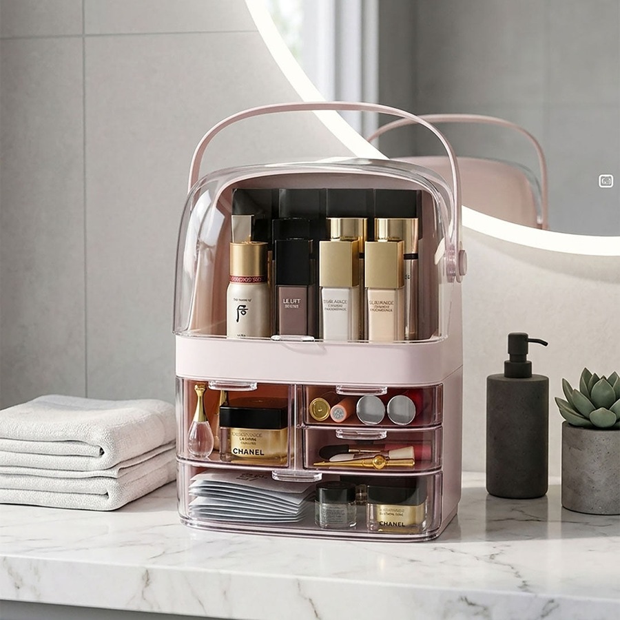 SOGA 3 Tier Pink Countertop Makeup Cosmetic Storage Organiser Skincare Holder Jewelry Storage Box with Handle