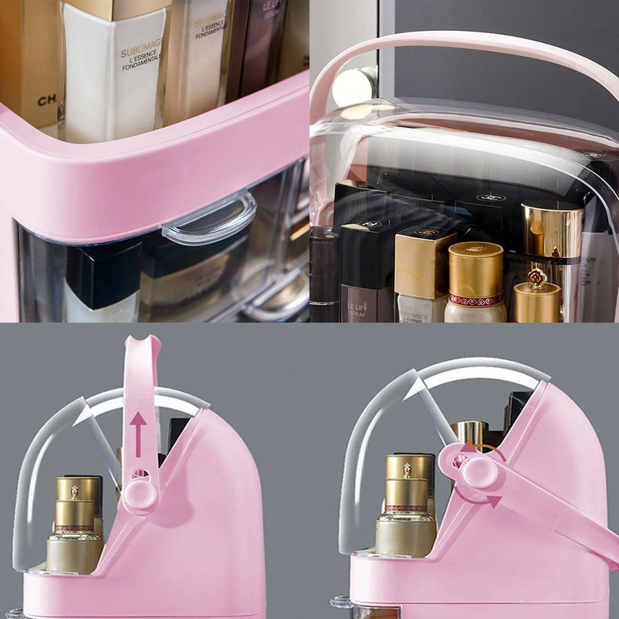 SOGA 3 Tier Pink Countertop Makeup Cosmetic Storage Organiser Skincare Holder Jewelry Storage Box with Handle