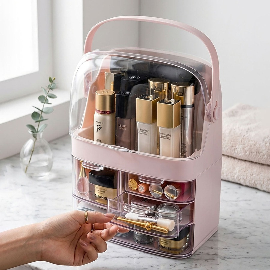 SOGA 3 Tier Pink Countertop Makeup Cosmetic Storage Organiser Skincare Holder Jewelry Storage Box with Handle