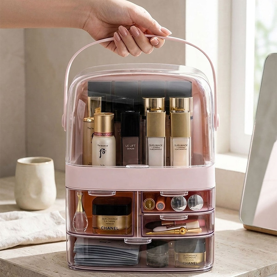 SOGA 3 Tier Pink Countertop Makeup Cosmetic Storage Organiser Skincare Holder Jewelry Storage Box with Handle