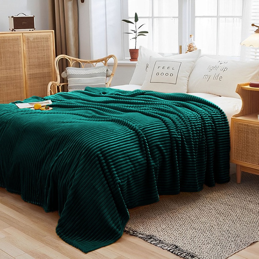 SOGA Dark Green Throw Blanket – Warm Cozy Striped Flannel Fleece for Bed & Sofa
