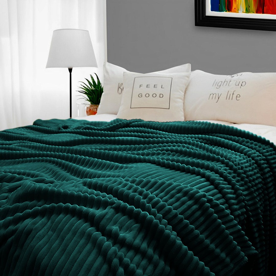 SOGA Dark Green Throw Blanket – Warm Cozy Striped Flannel Fleece for Bed & Sofa