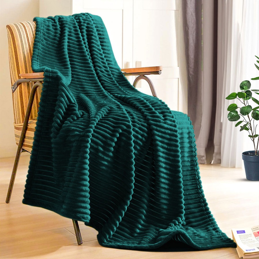 SOGA Dark Green Throw Blanket – Warm Cozy Striped Flannel Fleece for Bed & Sofa