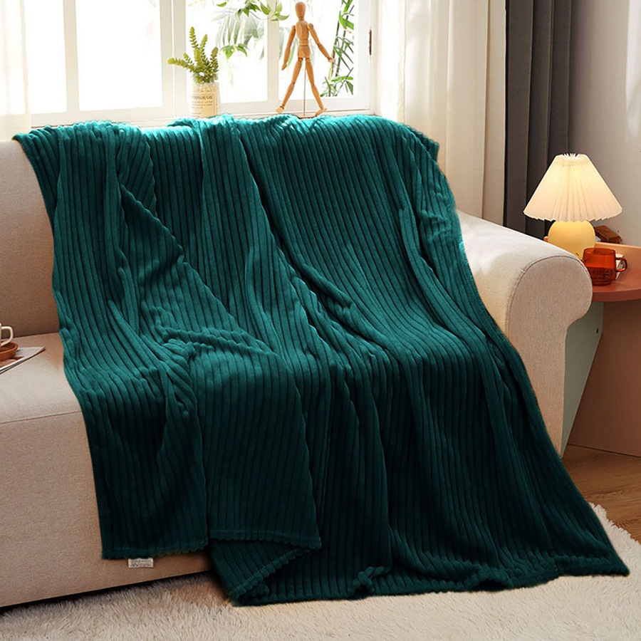 SOGA Dark Green Throw Blanket – Warm Cozy Striped Flannel Fleece for Bed & Sofa