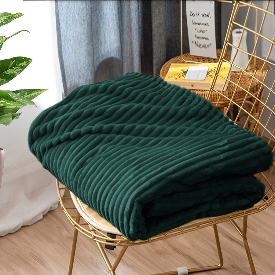 SOGA Dark Green Throw Blanket – Warm Cozy Striped Flannel Fleece for Bed & Sofa