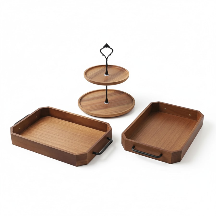SOGA Kitchenware Bundle – 2 Paulownia Wood Serving Trays & 2-Tier Acacia Dessert Stand