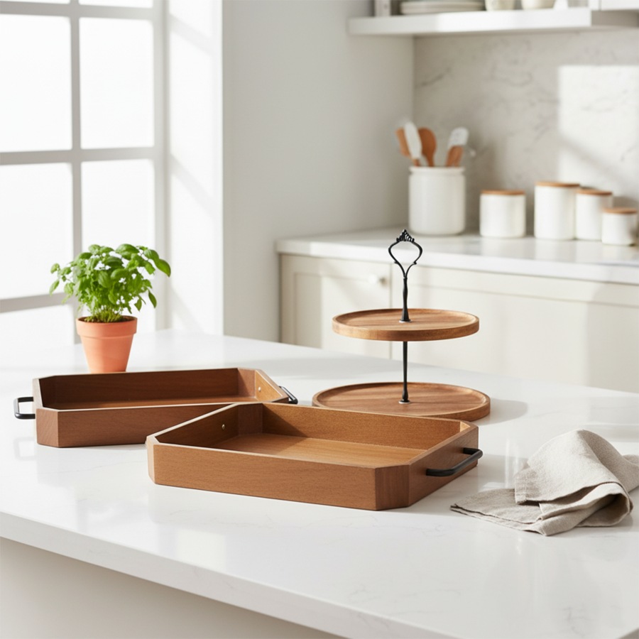SOGA Kitchenware Bundle – 2 Paulownia Wood Serving Trays & 2-Tier Acacia Dessert Stand