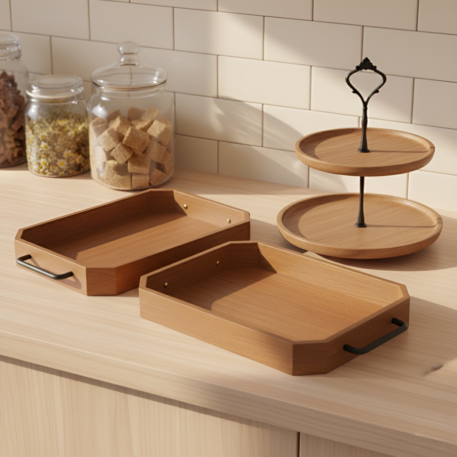SOGA Kitchenware Bundle – 2 Paulownia Wood Serving Trays & 2-Tier Acacia Dessert Stand