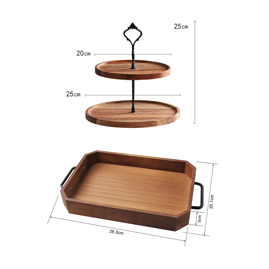 SOGA Kitchenware Bundle – 2 Paulownia Wood Serving Trays & 2-Tier Acacia Dessert Stand