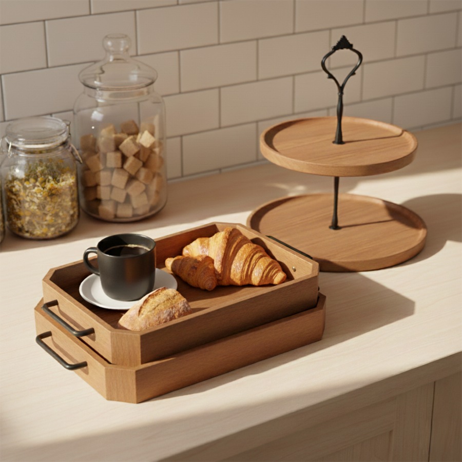 SOGA Kitchenware Bundle – 2 Paulownia Wood Serving Trays & 2-Tier Acacia Dessert Stand