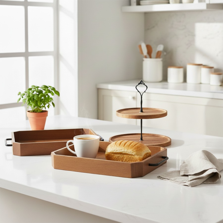 SOGA Kitchenware Bundle – 2 Paulownia Wood Serving Trays & 2-Tier Acacia Dessert Stand
