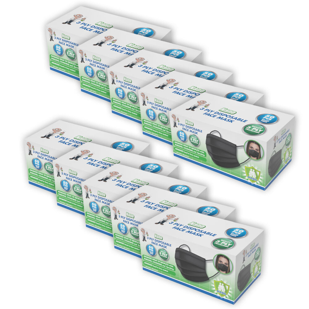 10PK x 50pc NANO 3 Layer General Disposable Protective Face Masks PPE Black