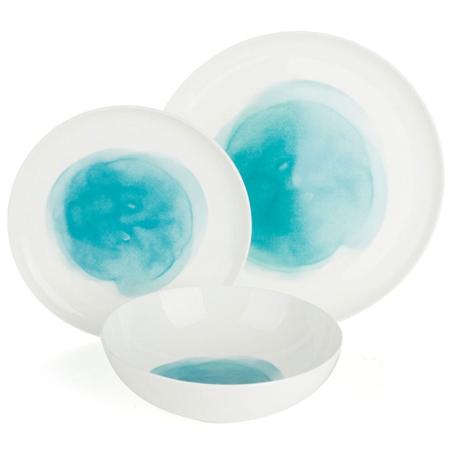 12pc Ecology Watercolour Aqua Dinner/Side Plate/Noodle Bowl Kitchenware Set