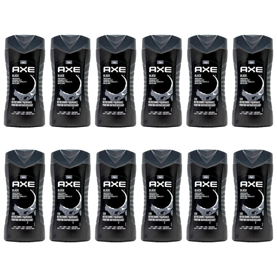 12PK Axe 3in1 Body/Face/Hair Wash 250ml Shower Gel Frozen Pear & Cedarwood Black