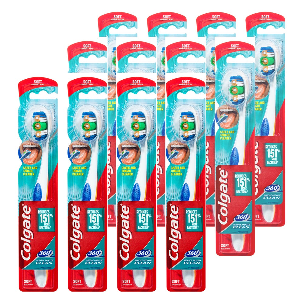 12PK Colgate 360° Clean Soft Bristles Toothbrush w/Cheek/Tongue Cleaner Assorted