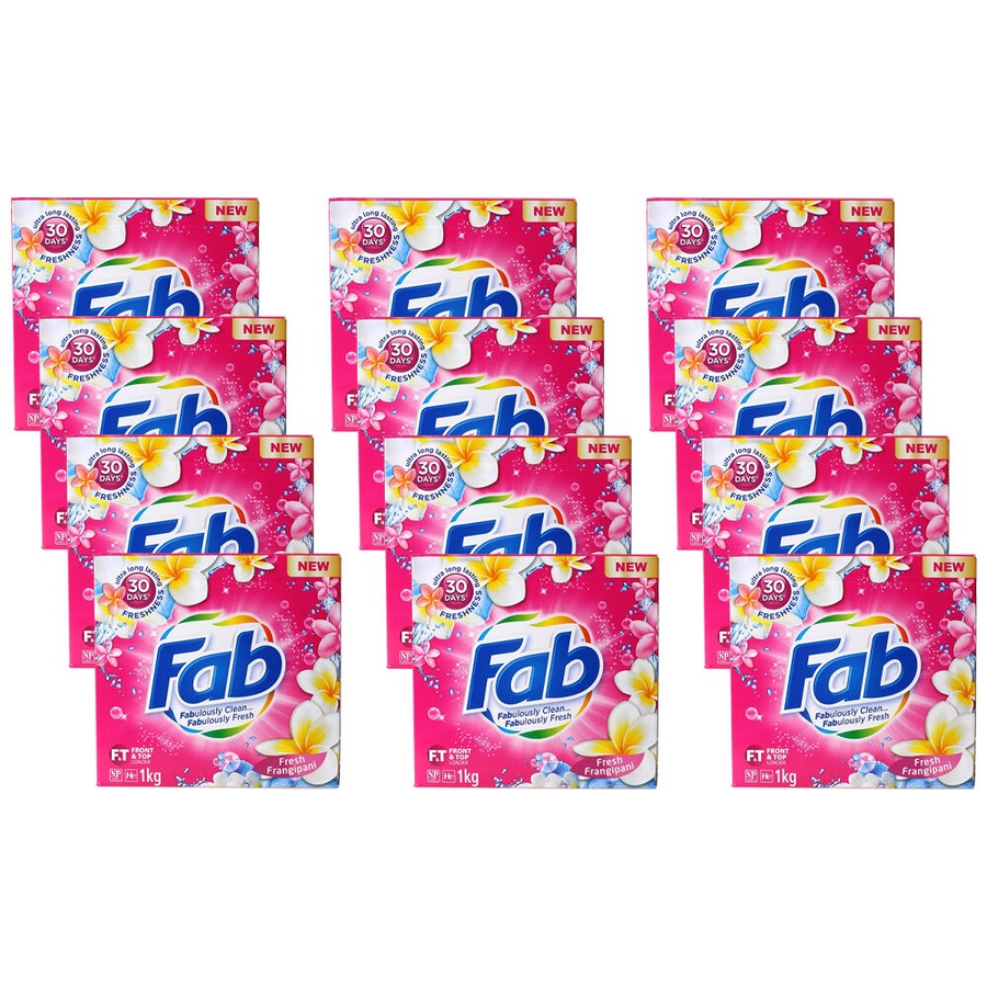 12PK Fab 1kg Laundry Powder Fresh Frangipani Front & Top Loader Stain Remover