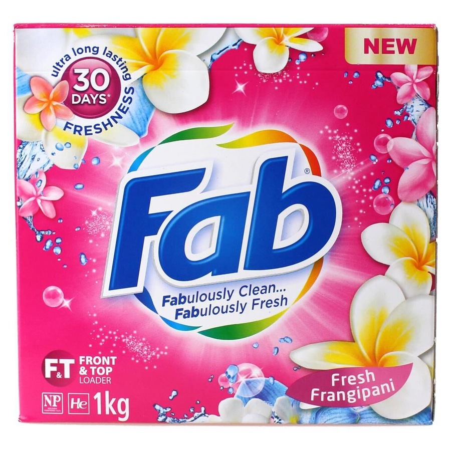 12PK Fab 1kg Laundry Powder Fresh Frangipani Front & Top Loader Stain Remover