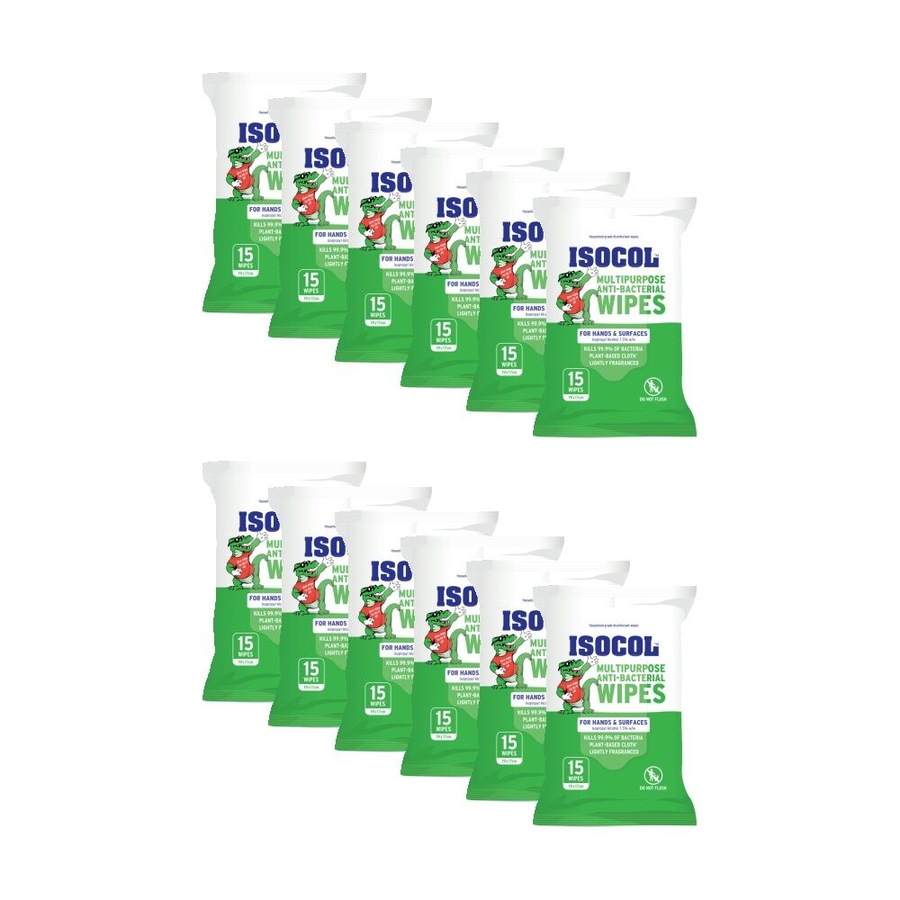 Buy 12x 15pc Isocol Convenient Anti-Bacterial Plant-Based Wipes ...