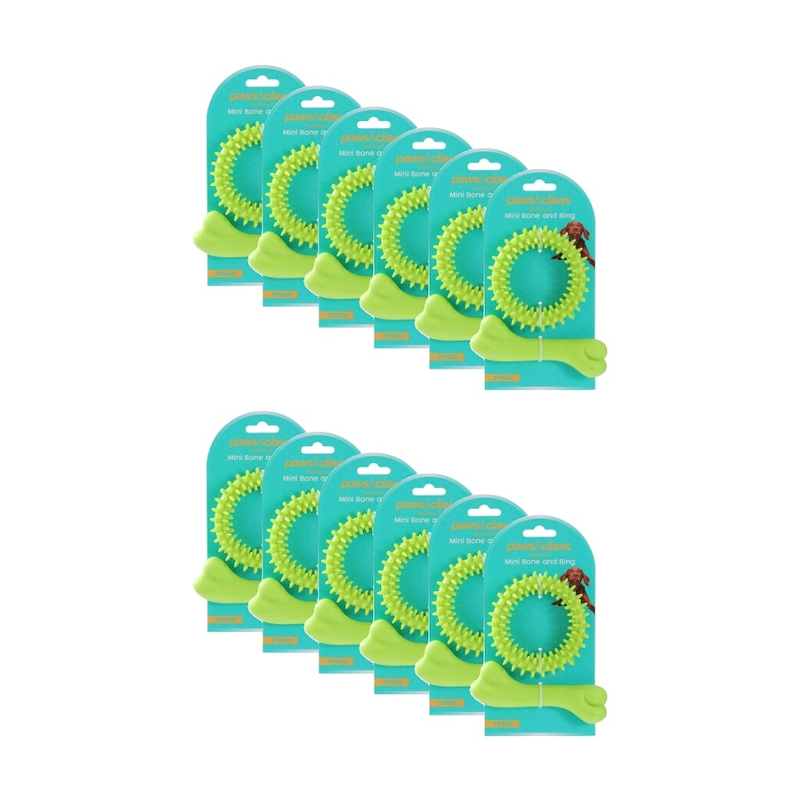 12x 2pc Paws And Claws Mini TPR Bone & Ring Pet Dog Chew/Fetch Toy Set Assorted