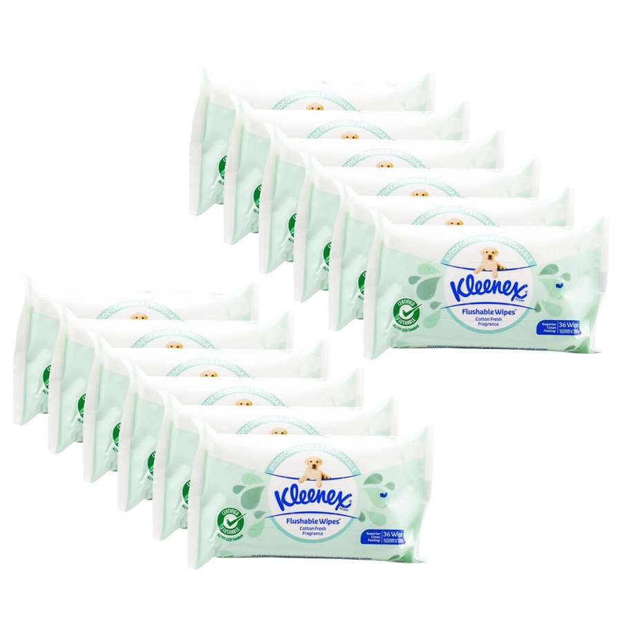 12x 36pc Kleenex Flushable Wipes 16.5x12.9cm Cotton Fresh Scent Disposable