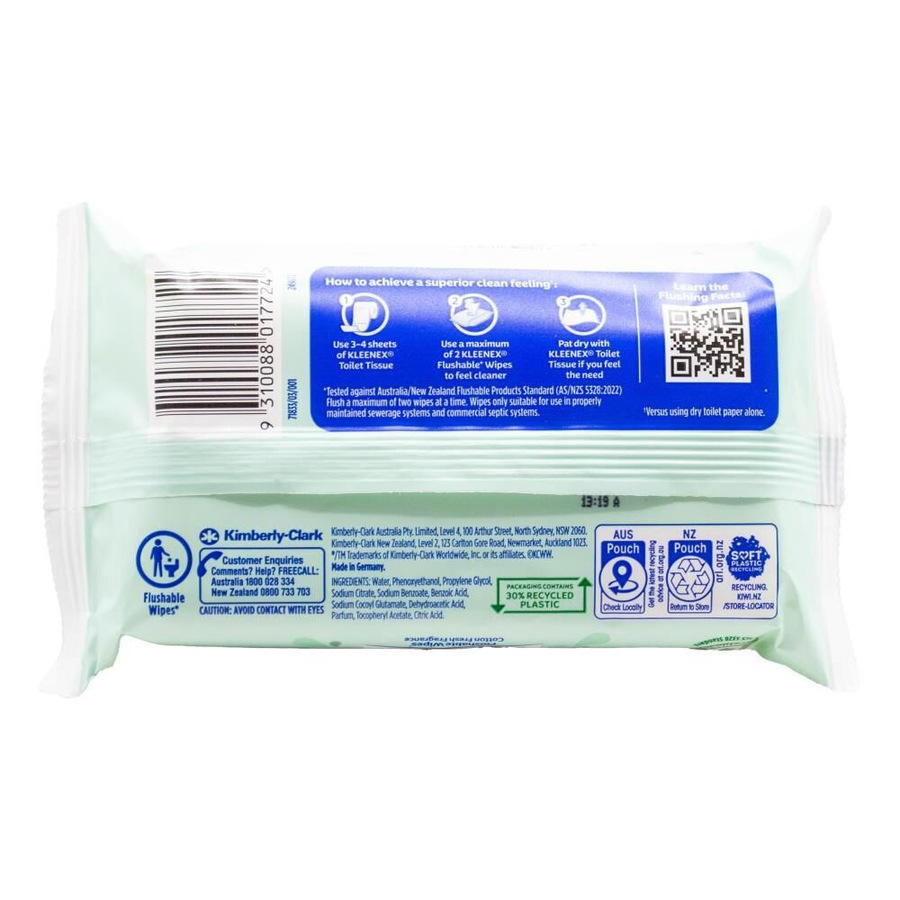 12x 36pc Kleenex Flushable Wipes 16.5x12.9cm Cotton Fresh Scent Disposable