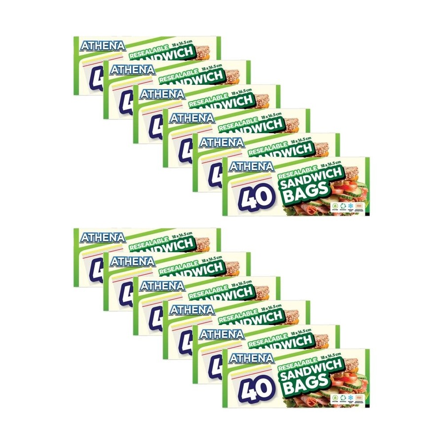 12x 40PK Athena Resealable Snap Lock Food Storage Sandwich Bags 18x16.5cm